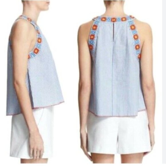 Tory Burch Blue Orange Embroidered Meg Stripped Sleeveless Blouse- Size 6 - Picture 1 of 7